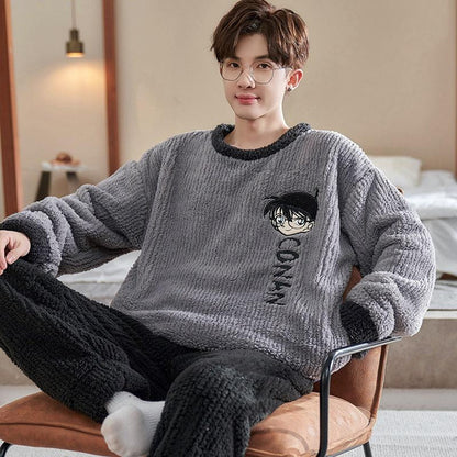 Men's Winter Flannel Pajama Set, Fleece-Lined Thermal Sleepwear with Cartoon Print, Cozy Home Loungewear for Teens