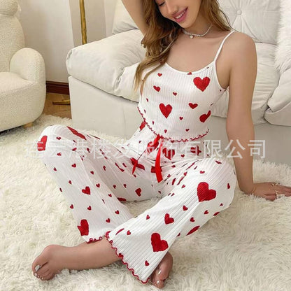 Ribbed Knit Heart Strappy Camisole & Lounge Pants Set for Women | Sleepwear & Loungewear