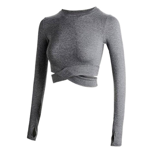 Women's Long Sleeve Cropped Yoga Top | Cross Front Workout Shirt with Quick-Dry Fabric