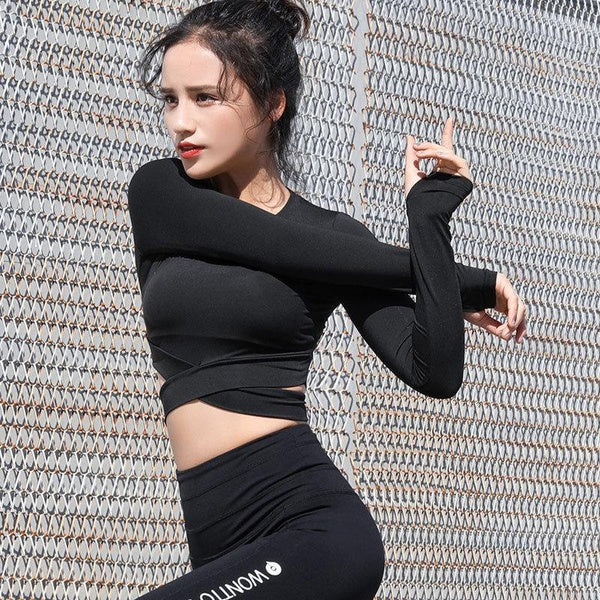 Women's Long Sleeve Cropped Yoga Top | Cross Front Workout Shirt with Quick-Dry Fabric
