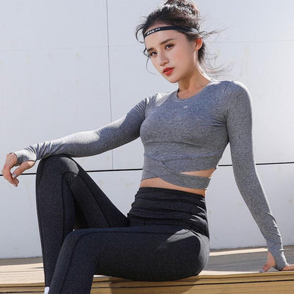 Women's Long Sleeve Cropped Yoga Top | Cross Front Workout Shirt with Quick-Dry Fabric