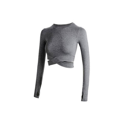 Women's Long Sleeve Cropped Yoga Top | Cross Front Workout Shirt with Quick-Dry Fabric