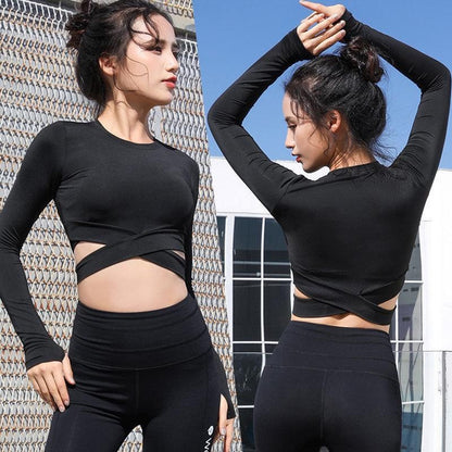 Women's Long Sleeve Cropped Yoga Top | Cross Front Workout Shirt with Quick-Dry Fabric