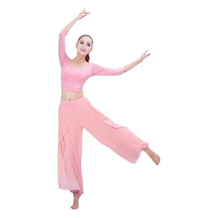 Ethereal Dance Performance Outfit: Flowy Chiffon Yoga & Dance Costume Set with Sheer Sleeves