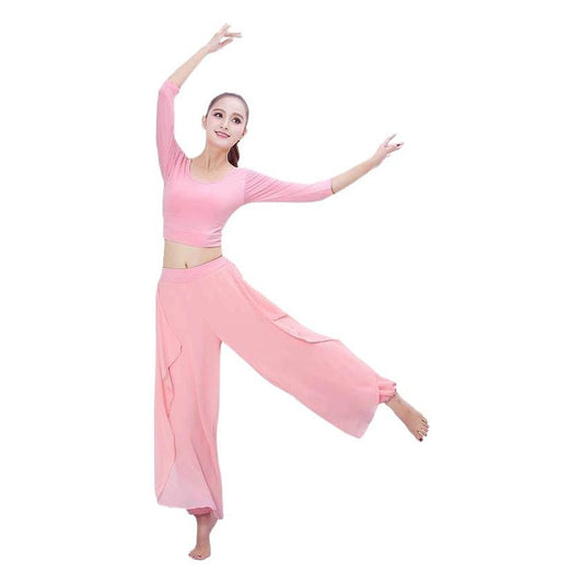 Ethereal Dance Performance Outfit: Flowy Chiffon Yoga & Dance Costume Set with Sheer Sleeves