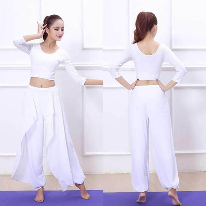 Ethereal Dance Performance Outfit: Flowy Chiffon Yoga & Dance Costume Set with Sheer Sleeves