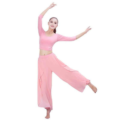 Ethereal Dance Performance Outfit: Flowy Chiffon Yoga & Dance Costume Set with Sheer Sleeves
