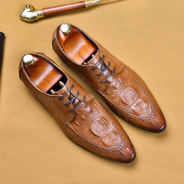 Men's Genuine Leather Pointed Toe Crocodile Print Dress Shoes Business Casual Oxfords