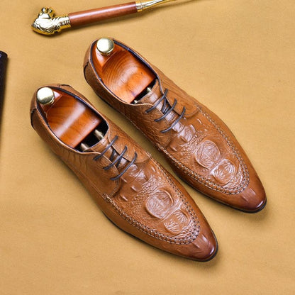 Men's Genuine Leather Pointed Toe Crocodile Print Dress Shoes Business Casual Oxfords