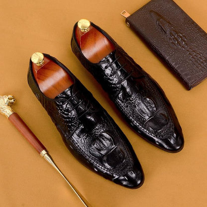 Men's Genuine Leather Pointed Toe Crocodile Print Dress Shoes Business Casual Oxfords