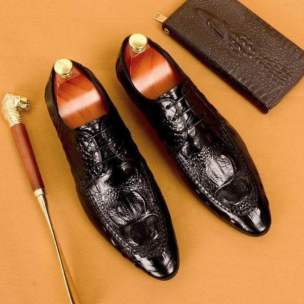 Men's Genuine Leather Pointed Toe Crocodile Print Dress Shoes Business Casual Oxfords