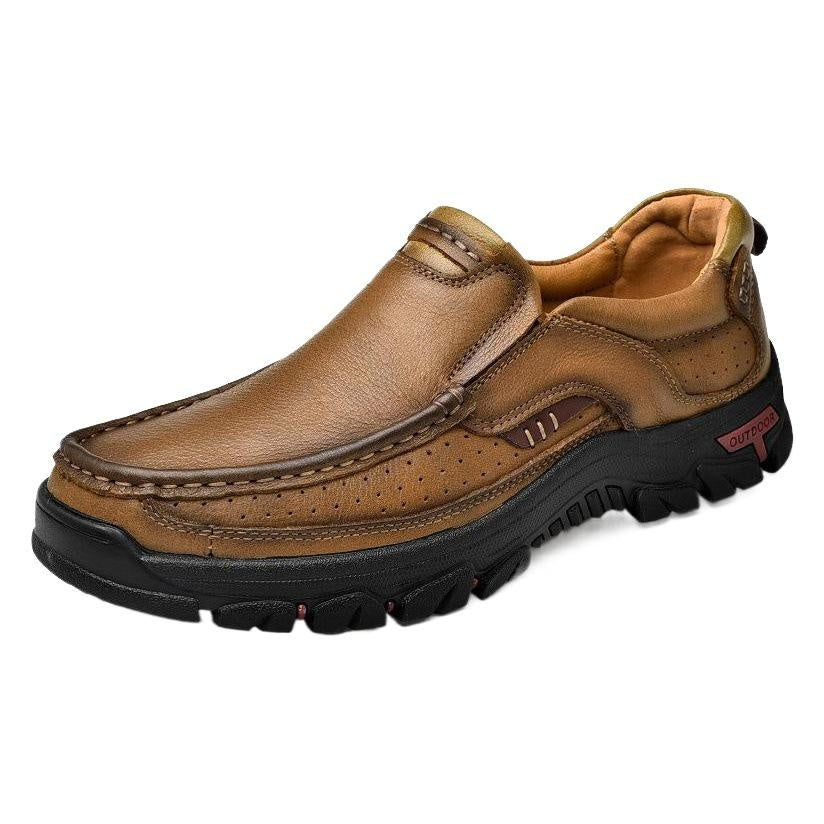 Men's Genuine Leather Casual Shoes Slip On Outdoor Brogue Style Thick Sole Durable Loafer