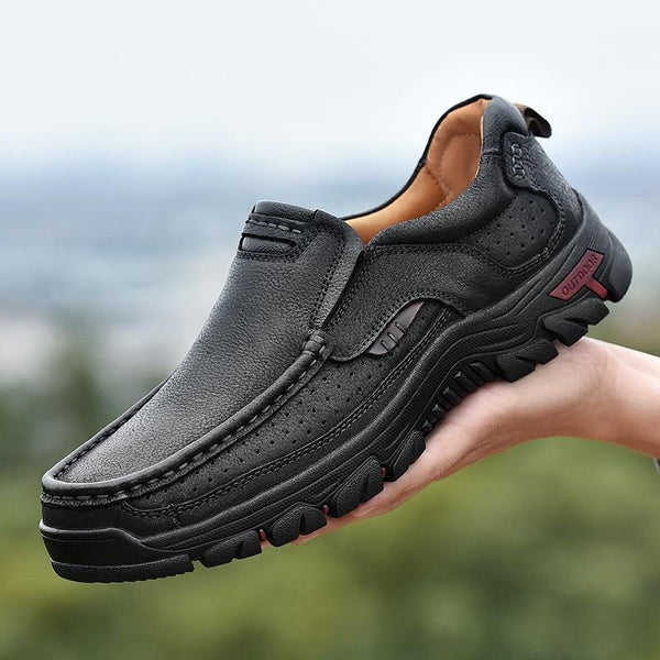 Men's Genuine Leather Casual Shoes Slip On Outdoor Brogue Style Thick Sole Durable Loafer