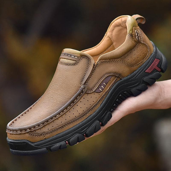 Men's Genuine Leather Casual Shoes Slip On Outdoor Brogue Style Thick Sole Durable Loafer