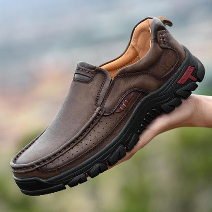 Men's Genuine Leather Casual Shoes Slip On Outdoor Brogue Style Thick Sole Durable Loafer