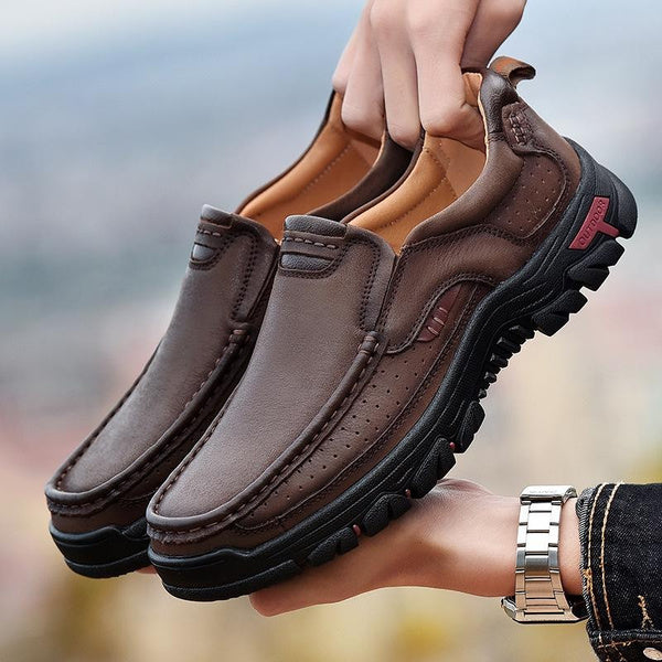 Men's Genuine Leather Casual Shoes Slip On Outdoor Brogue Style Thick Sole Durable Loafer