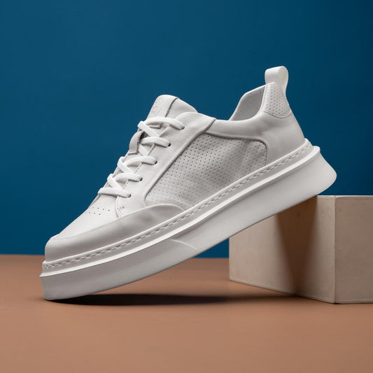 Men's Breathable Leather Casual Sneakers Lightweight Platform White Shoes