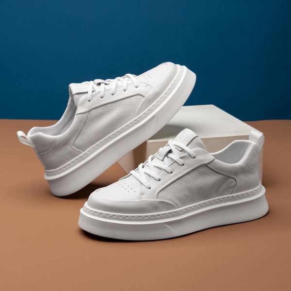 Men's Breathable Leather Casual Sneakers Lightweight Platform White Shoes