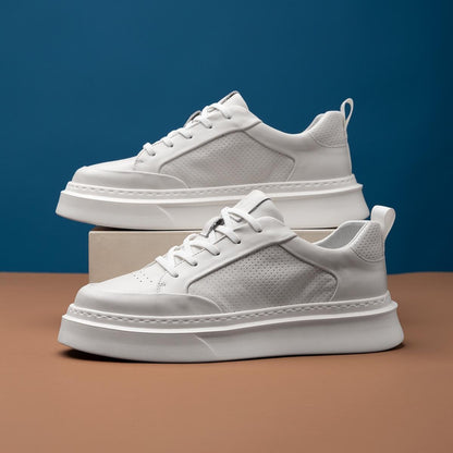 Men's Breathable Leather Casual Sneakers Lightweight Platform White Shoes