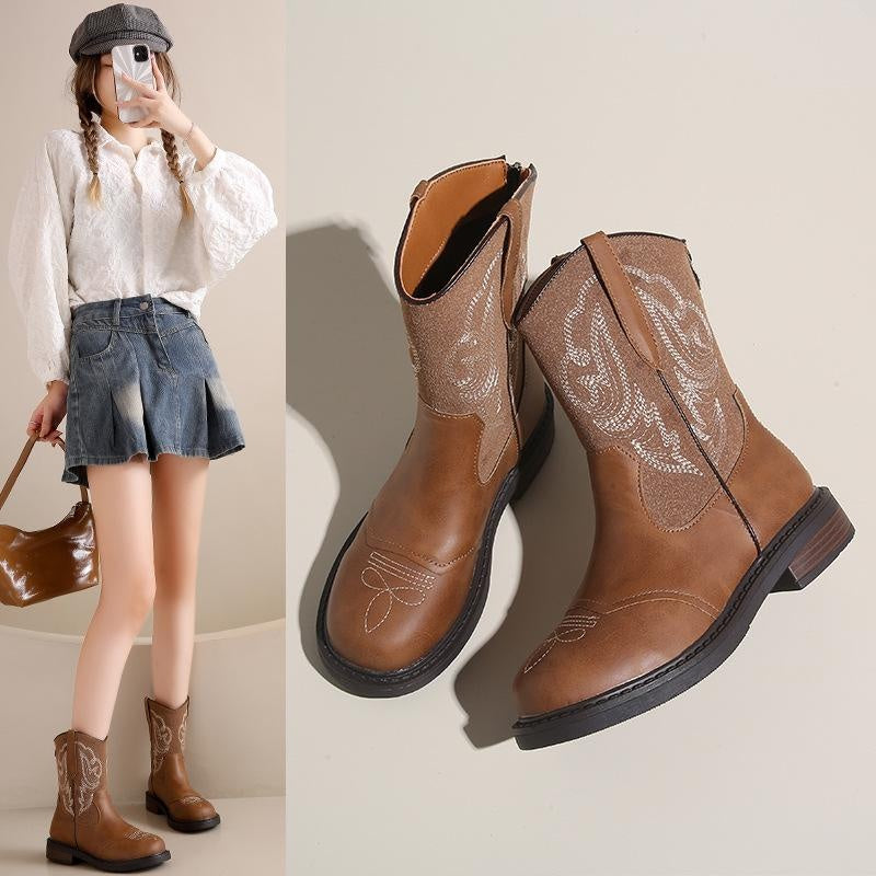 Vintage Embroidered Cowboy Boots Round Toe Ankle Boots Low Heel Zip Back Western Boots for Women