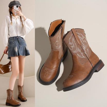 Vintage Embroidered Cowboy Boots Round Toe Ankle Boots Low Heel Zip Back Western Boots for Women