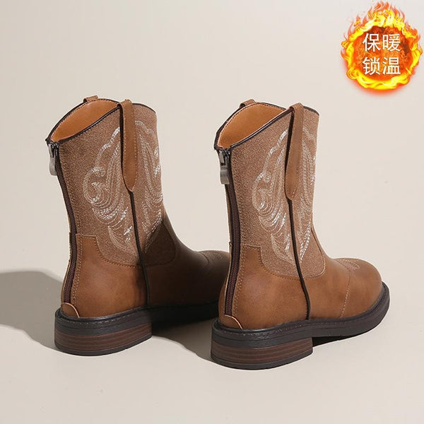 Vintage Embroidered Cowboy Boots Round Toe Ankle Boots Low Heel Zip Back Western Boots for Women