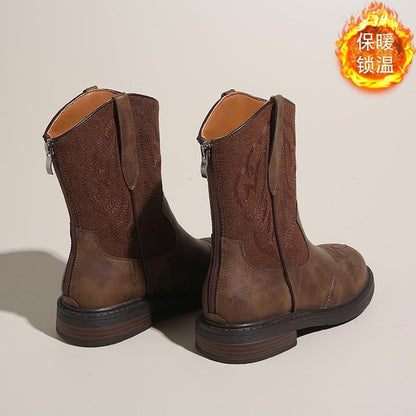 Vintage Embroidered Cowboy Boots Round Toe Ankle Boots Low Heel Zip Back Western Boots for Women