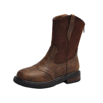 Vintage Embroidered Cowboy Boots Round Toe Ankle Boots Low Heel Zip Back Western Boots for Women