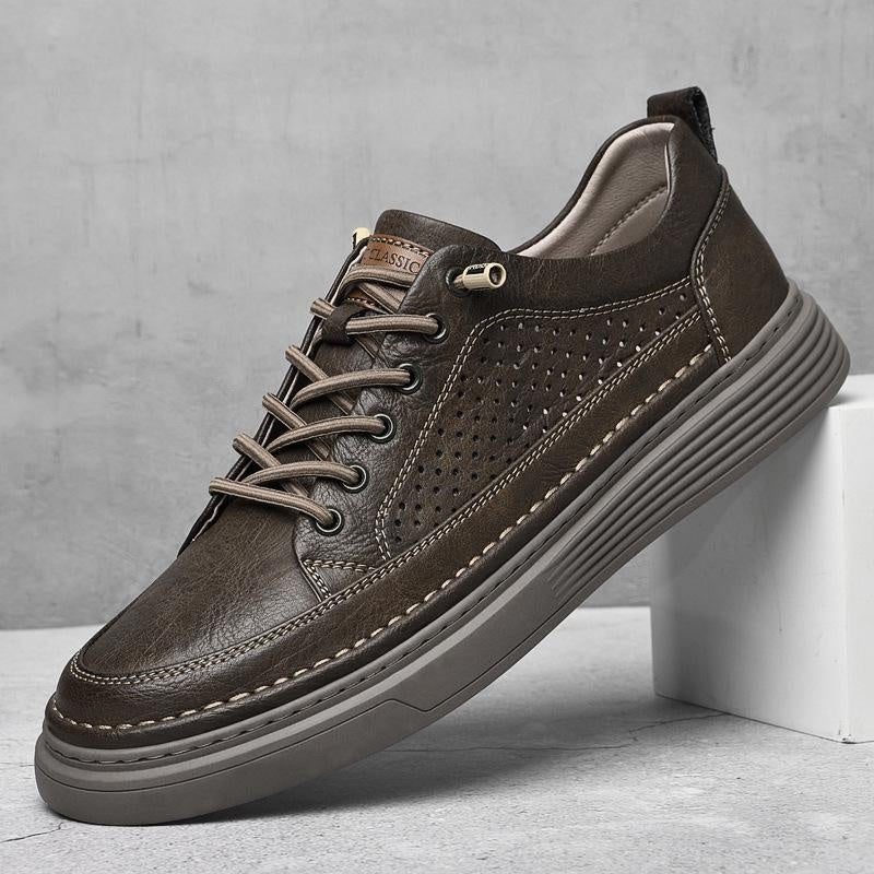 Men's Casual Leather Shoes British Retro Perforated Breathable Fashion Sneakers