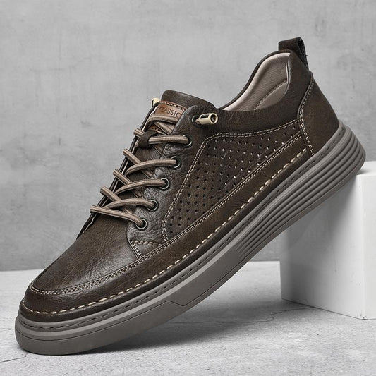 Men's Casual Leather Shoes British Retro Perforated Breathable Fashion Sneakers