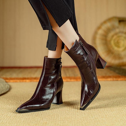 Pointed Toe Martin Boots for Women, Chunky Heel Ankle Boots, Wine Red Embossed Leather