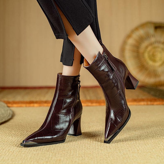Pointed Toe Martin Boots for Women, Chunky Heel Ankle Boots, Wine Red Embossed Leather