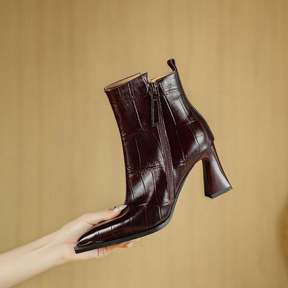 Pointed Toe Martin Boots for Women, Chunky Heel Ankle Boots, Wine Red Embossed Leather