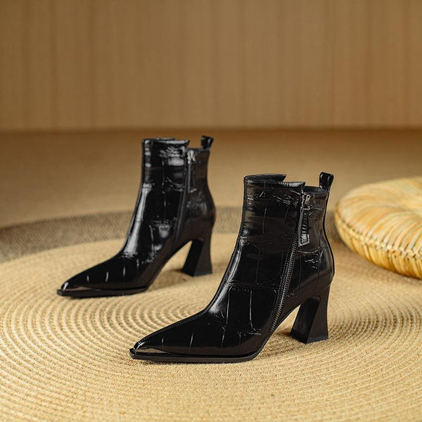 Pointed Toe Martin Boots for Women, Chunky Heel Ankle Boots, Wine Red Embossed Leather