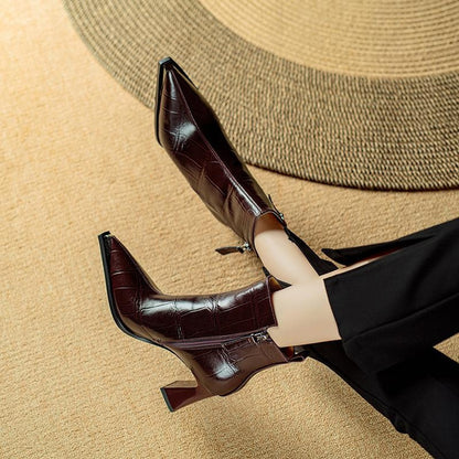 Pointed Toe Martin Boots for Women, Chunky Heel Ankle Boots, Wine Red Embossed Leather