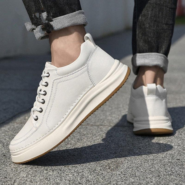 Men's Genuine Leather Casual Shoes Breathable Full Grain Leather Sneakers White Fashion Lace Up