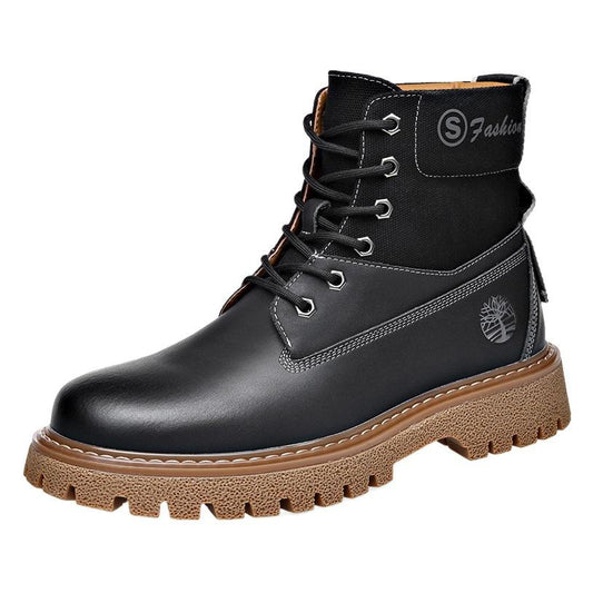 Men's Genuine Leather Winter Boots Retro High-Top Combat Chukka Outdoor Work Shoes with Thick Sole