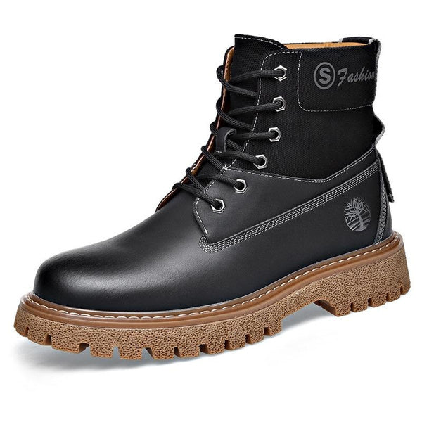 Men's Genuine Leather Winter Boots Retro High-Top Combat Chukka Outdoor Work Shoes with Thick Sole