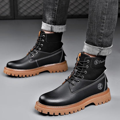 Men's Genuine Leather Winter Boots Retro High-Top Combat Chukka Outdoor Work Shoes with Thick Sole