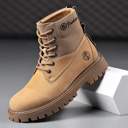 Men's Genuine Leather Winter Boots Retro High-Top Combat Chukka Outdoor Work Shoes with Thick Sole