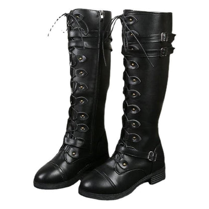 Chunky Heel Motorcycle Boots for Women with Studded Buckle Detail, Round Toe Riding Boots