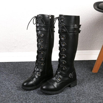 Chunky Heel Motorcycle Boots for Women with Studded Buckle Detail, Round Toe Riding Boots