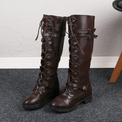Chunky Heel Motorcycle Boots for Women with Studded Buckle Detail, Round Toe Riding Boots