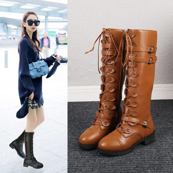 Chunky Heel Motorcycle Boots for Women with Studded Buckle Detail, Round Toe Riding Boots
