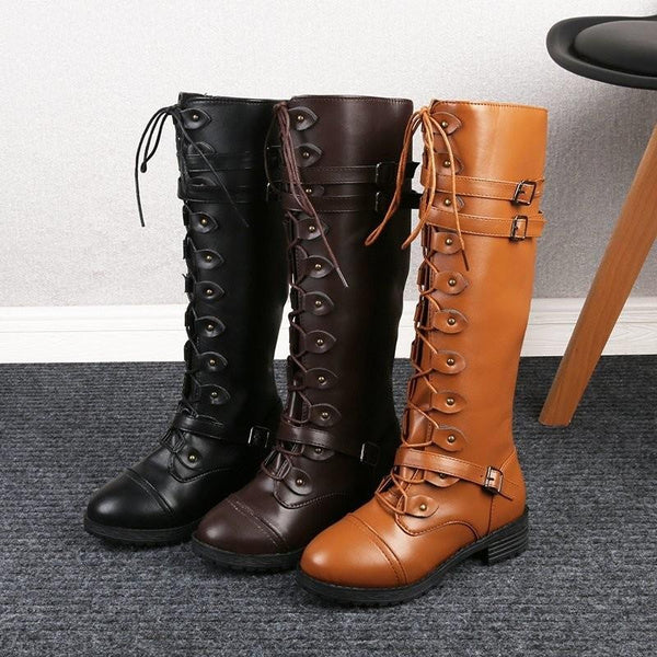 Chunky Heel Motorcycle Boots for Women with Studded Buckle Detail, Round Toe Riding Boots