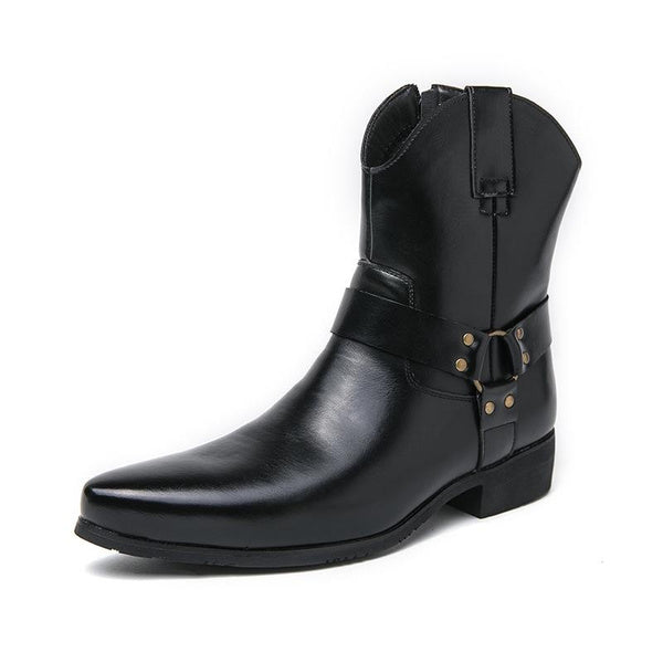 Men's Chelsea Boots Pointed Toe Ankle Boots Western Cowboy Leather Boots Black