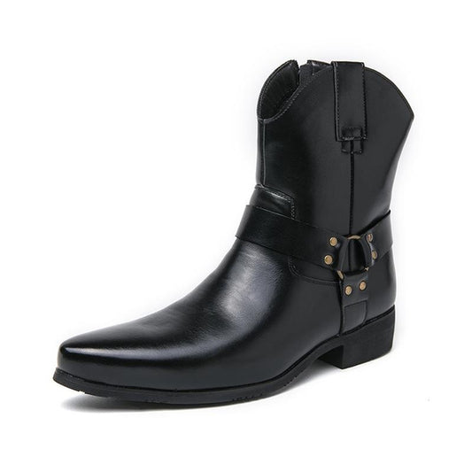 Men's Chelsea Boots Pointed Toe Ankle Boots Western Cowboy Leather Boots Black