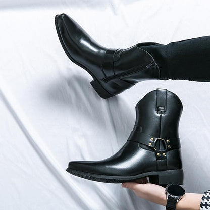 Men's Chelsea Boots Pointed Toe Ankle Boots Western Cowboy Leather Boots Black