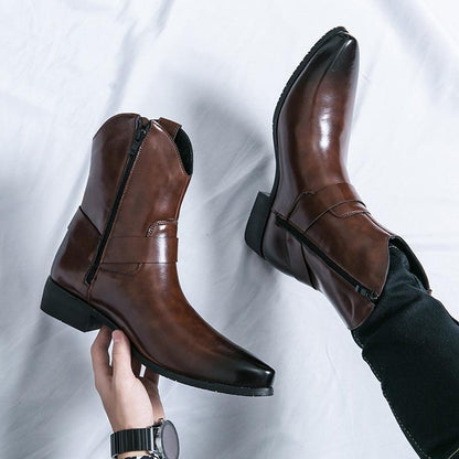 Men's Chelsea Boots Pointed Toe Ankle Boots Western Cowboy Leather Boots Black