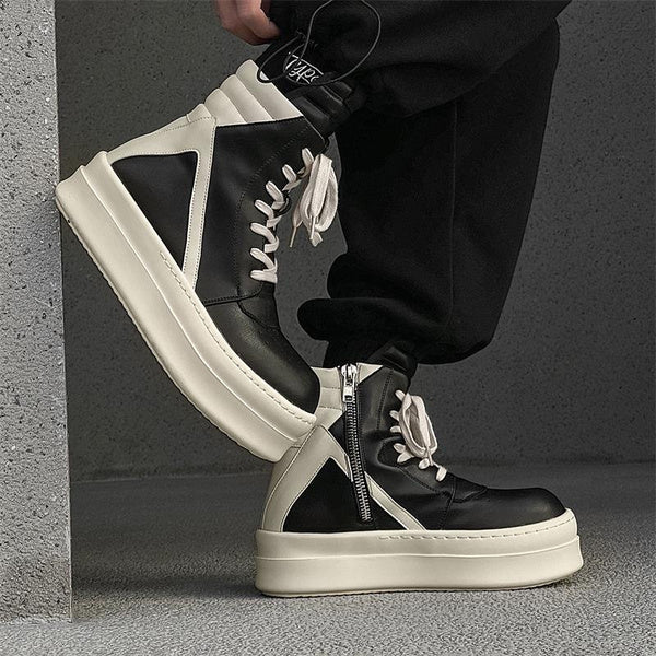 Men's High-Top Skate Shoes Chunky Sole Platform Sneakers Black White Casual Boots